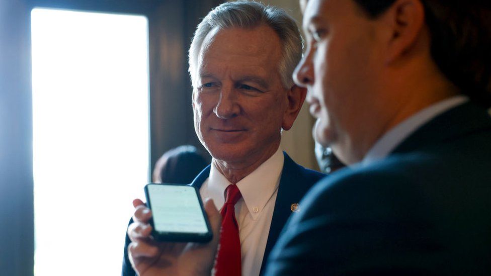 Senator Tommy Tuberville attends a Republican Senate policy luncheon on Tuesday