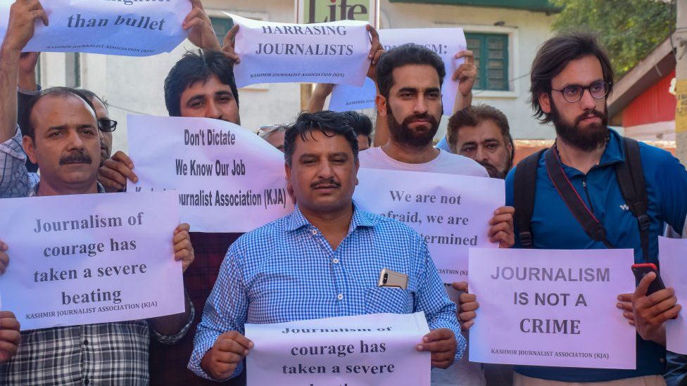 Journalist fraternity of Kashmir hold protest on Monday in Srinagar against the arrest of their colleague Asif Sultan who works as an editor for the monthly magazine the Kashmir Narrator.