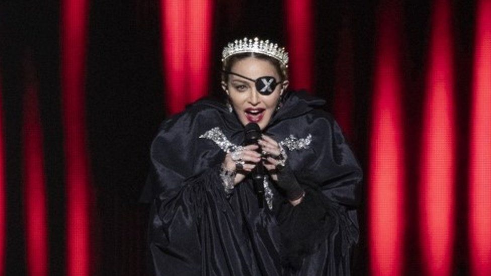 Madonna performs live on stage at the 64th annual Eurovision Song Contest
