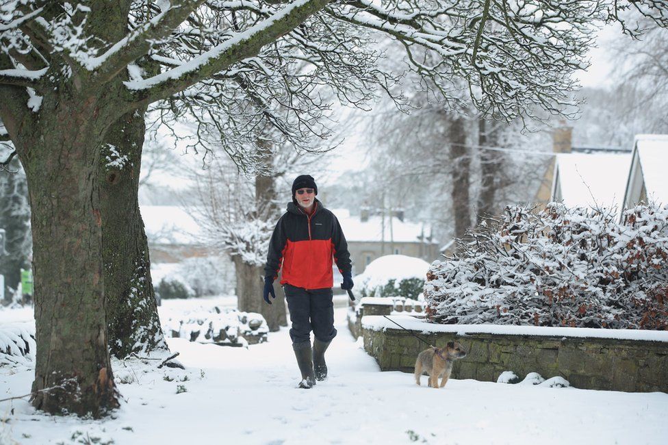 A man and his dog walk in the snow