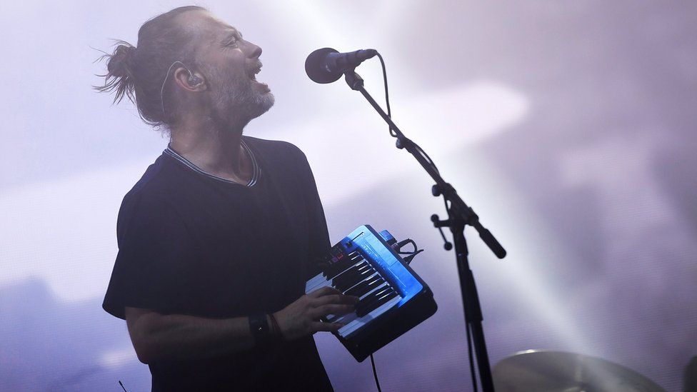 Radiohead perform on the Pyramid Stage at Worthy Farm in Somerset
