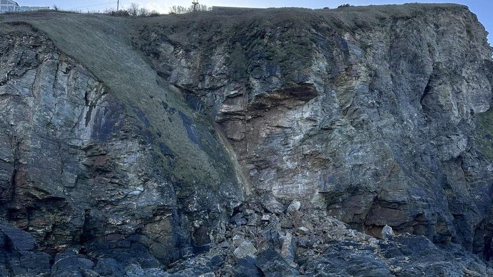 The cliff fall at Porthtowan beach