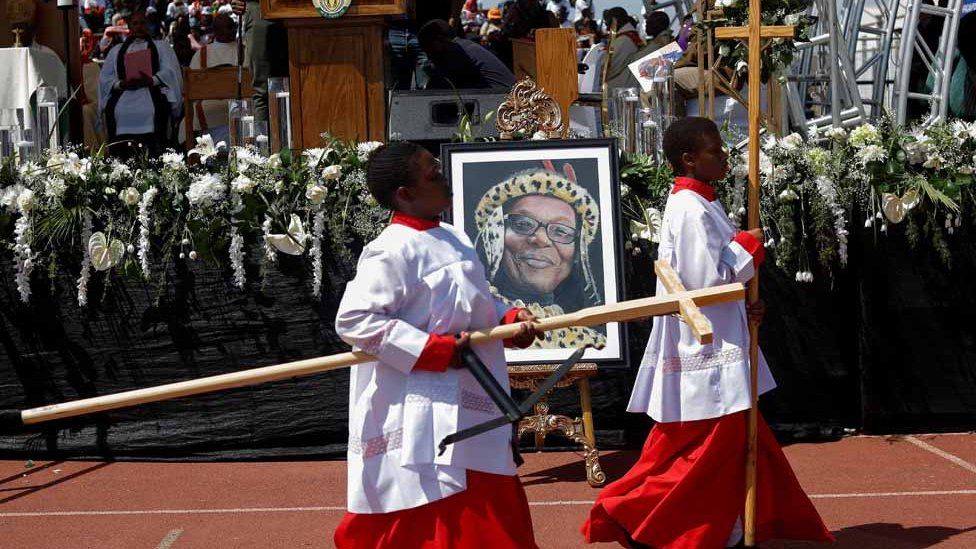 A portrait of Mangosuthu Buthelezi, a veteran politician and Zulu prince, is seen at his state funeral in Ulundi, South Africa, September 16, 2023.