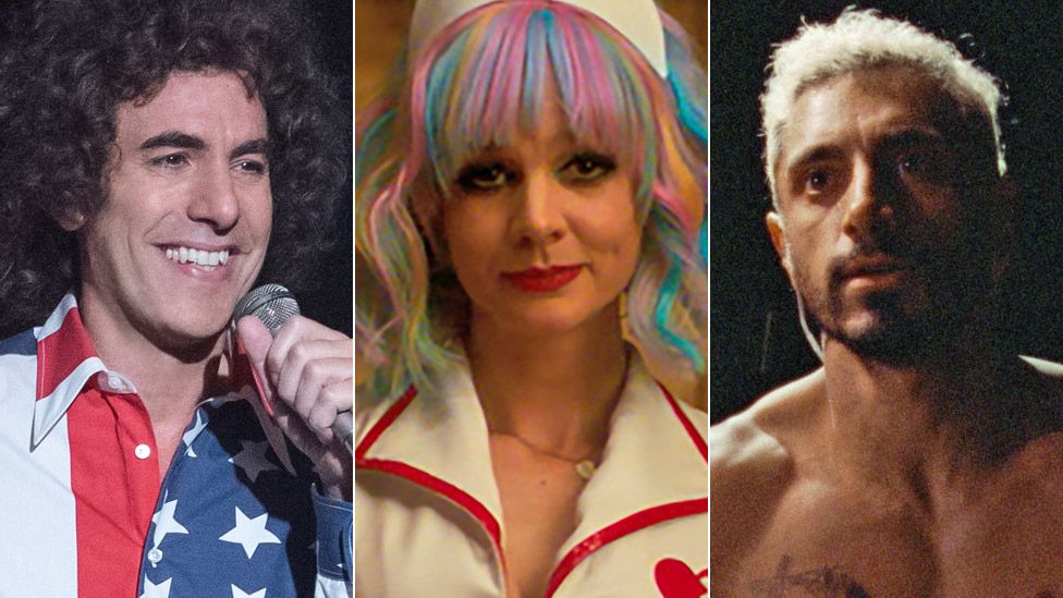 Left-right: Sacha Baron Cohen in The Trial of the Chicago 7, Carey Mulligan in Promising Young Woman and Riz Ahmed in Sound of Metal