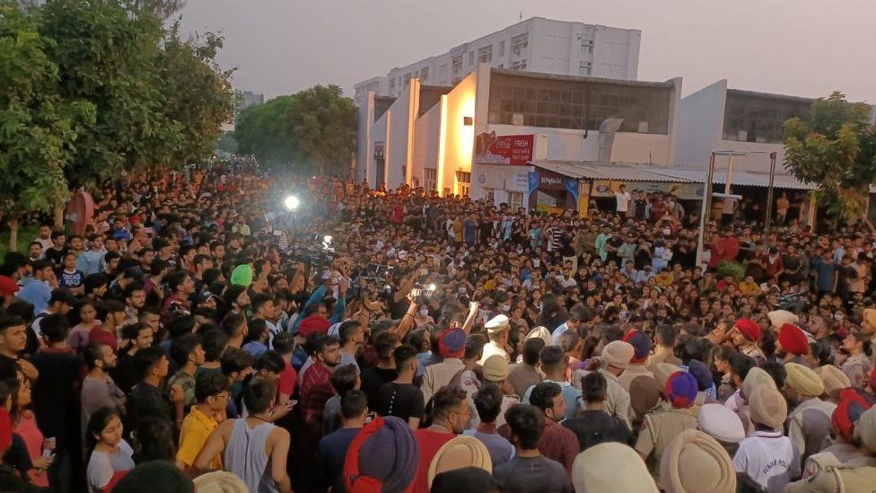 Students protest outside Chandigarh University over an objectionable leaked video of female students, on September 18, 2022 in Mohali, India.
