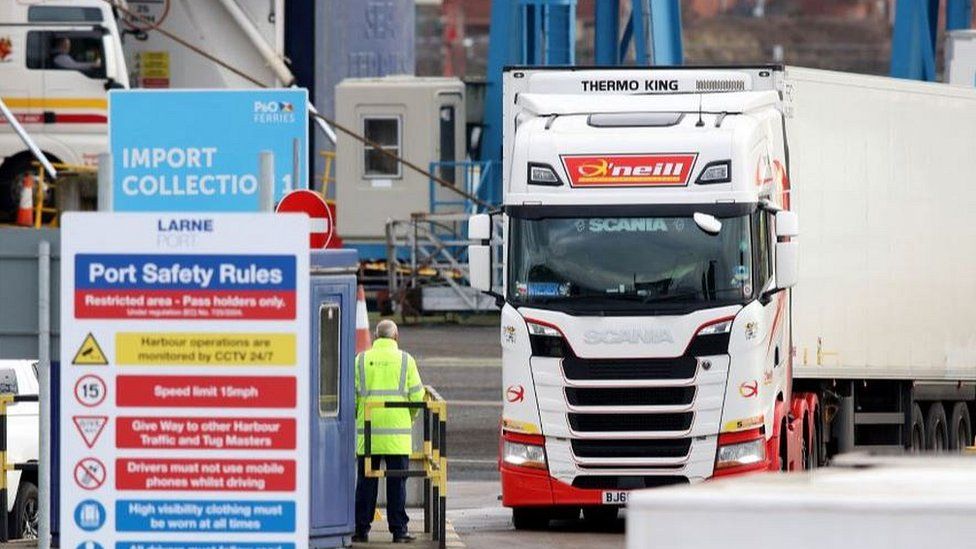 Goods lorry arriving in Larne, Northern Ireland, 3 Feb 22