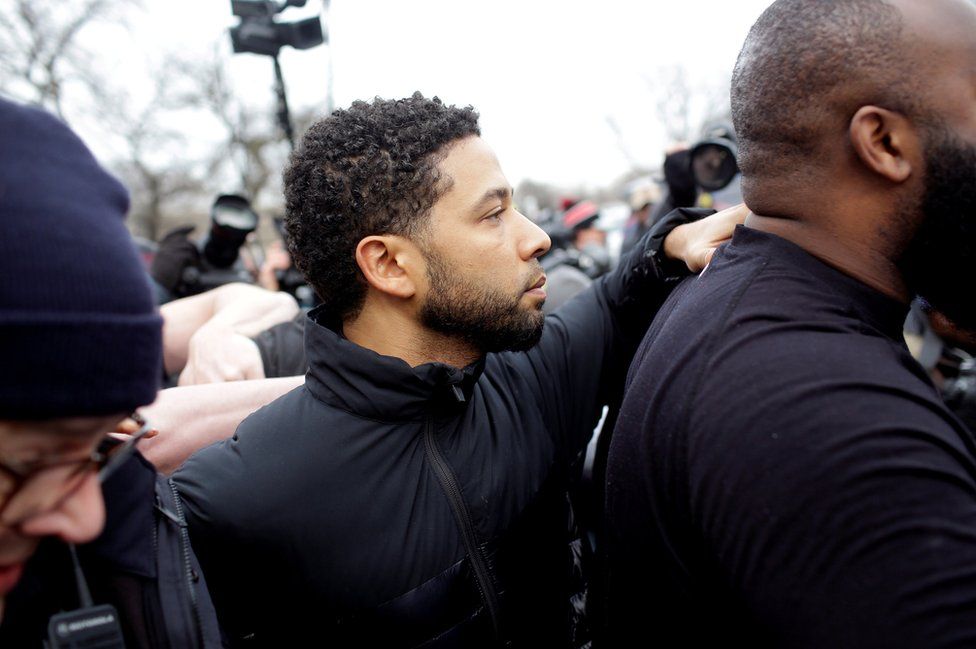 Jussie Smollett exits Cook County Department of Corrections after posting bail in Chicago, Illinois, U.S., 21 February 2019.