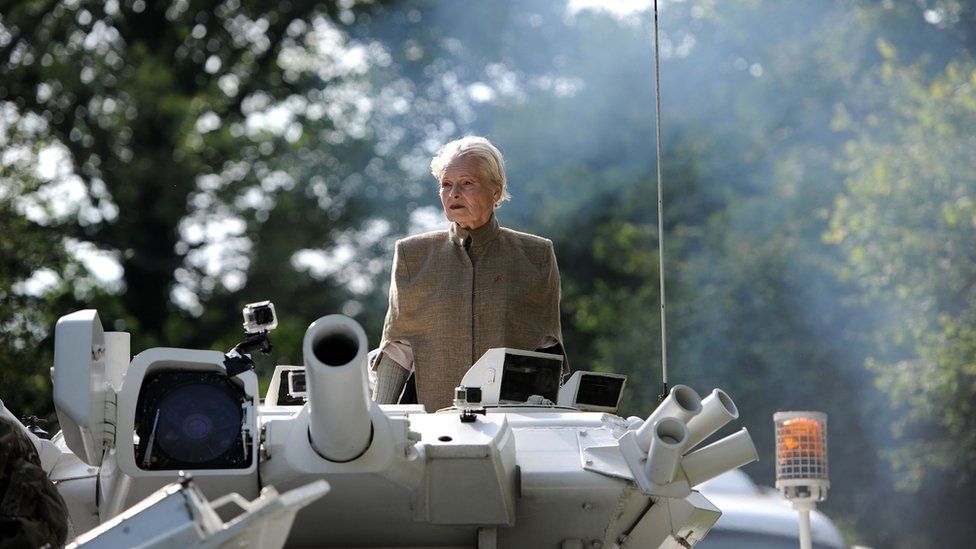 Anti-fracking campaigner Dame Vivienne Westwood, sits in a tank as she joins a group of anti-fracking protesters, 2015