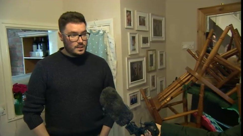 Horncastle resident Luke Donovan talks to BBC Look North in his flood-hit house