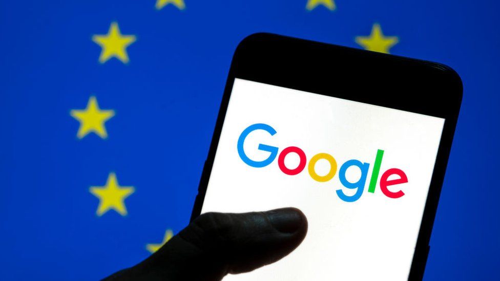Google logo in front of an EU flag