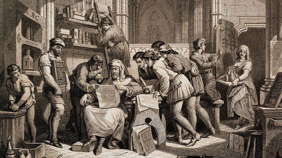 William Caxton Reading the First Proof-Sheet from his Press in the Almonary of Westminster Abbey