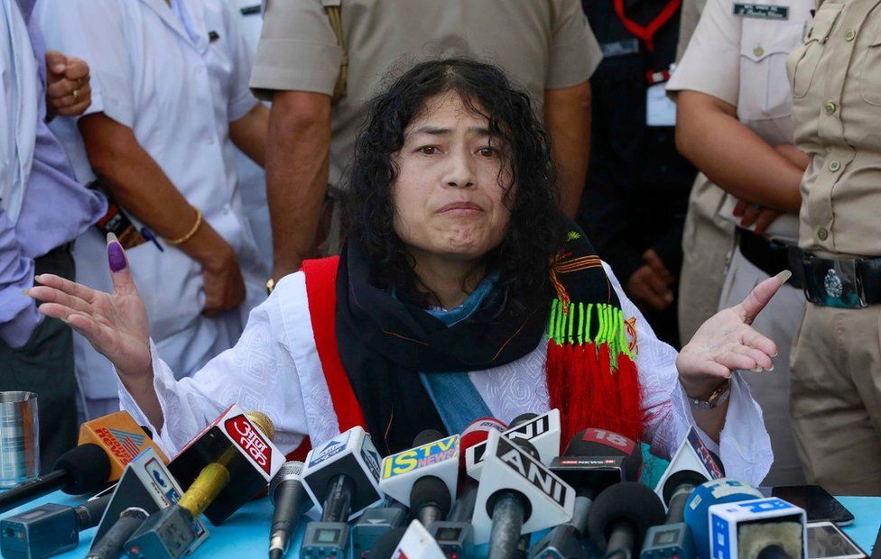 Irom Sharmila holds a press conference after breaking her fast in Imphal, north-eastern Indian state of Manipur, India, Tuesday, Aug. 9, 2016