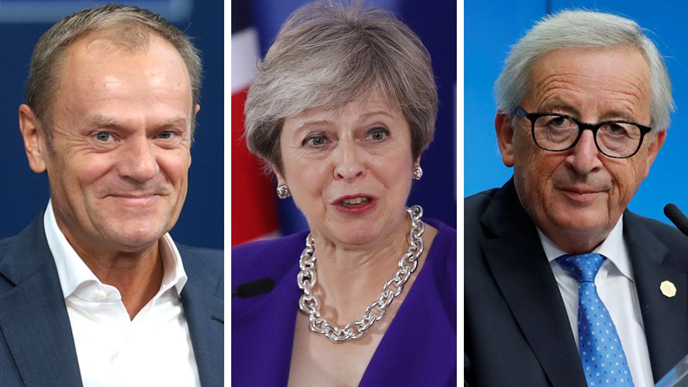 European Council president Donald Tusk, UK PM Theresa May and European Commission president Jean-Claude Juncker.