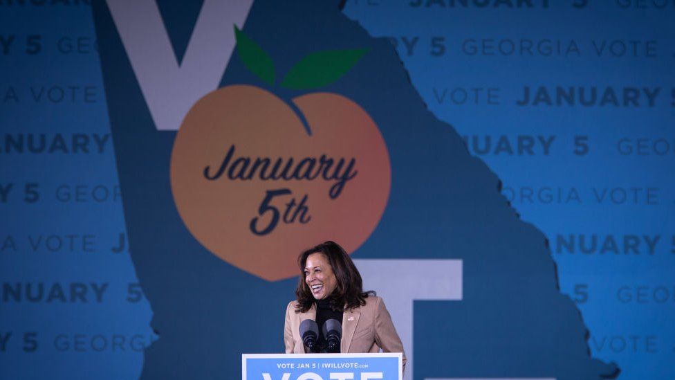 US Vice President-Elect Kamala Harris speaks at a rally in support of Democratic US Senate candidates,