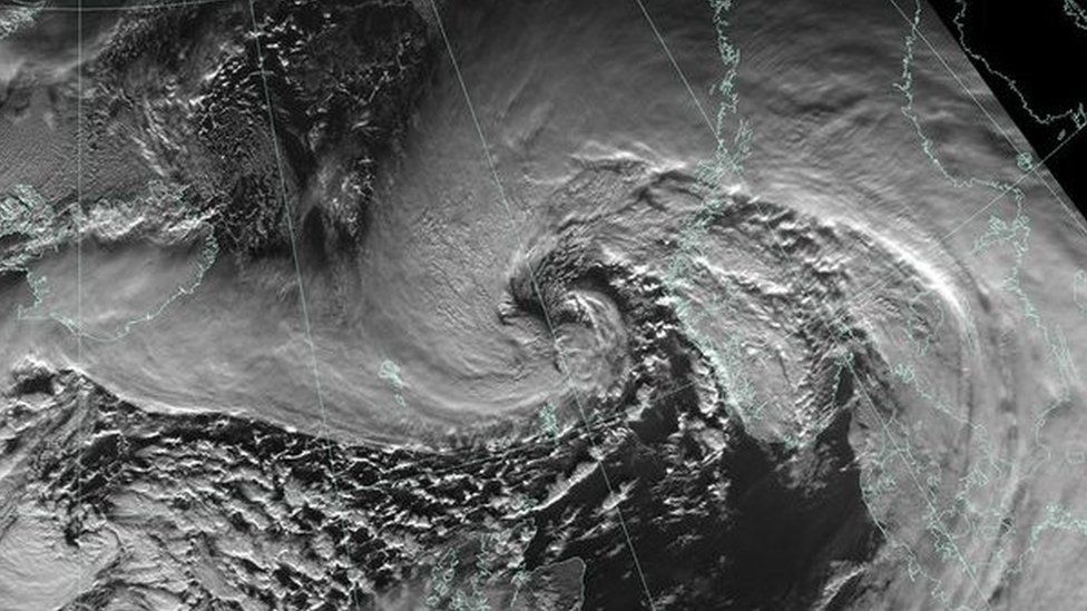 Satellite image released by Met Office showing Storm Gertrude passing north of Shetland