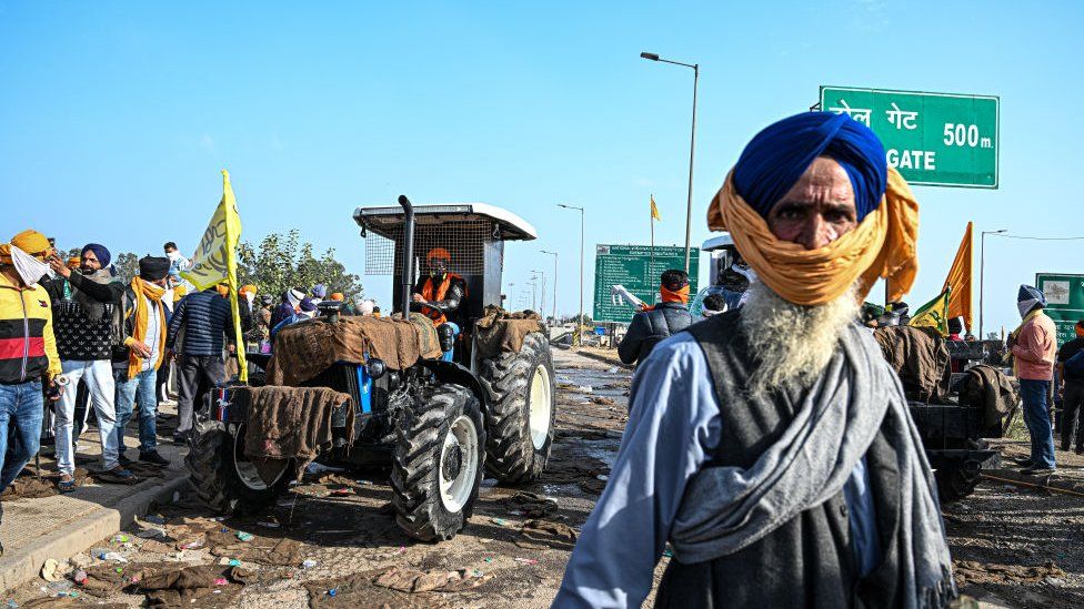 Demonstrators during a protest by farmers near the Haryana-Punjab state border in Rajpura, Punjab, India, on 21 February