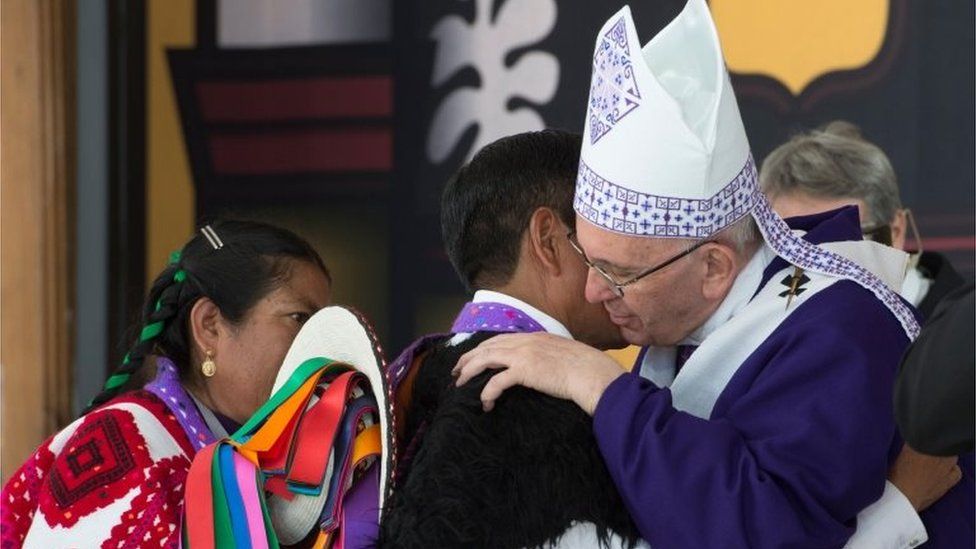 This image released by the Vatican shows Pope Francis celebrates a mass with representatives of the indigenous communities of Chiapas state in San Cristobal de Las Casas on February 15, 2016