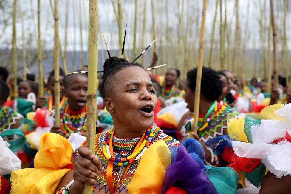 Zama Msomi, 36, from KwaMashu leads her group of women during the annual Reed Dance at Enyokeni Royal Palace in Nongoma, South Africa - 7 September 2019