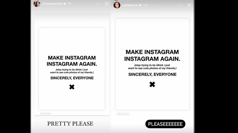 Screenshots of posts shared on Kim Kardashian and Kylie Jenners' Instagram Stories