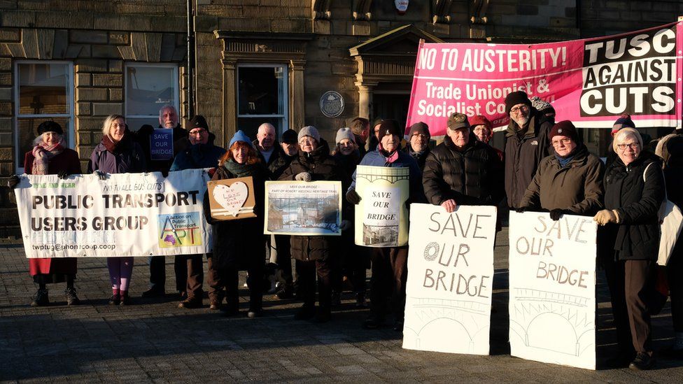 Protesters outside North Shields Register Office demonstrating against the potential demolition of Borough Road footbridge