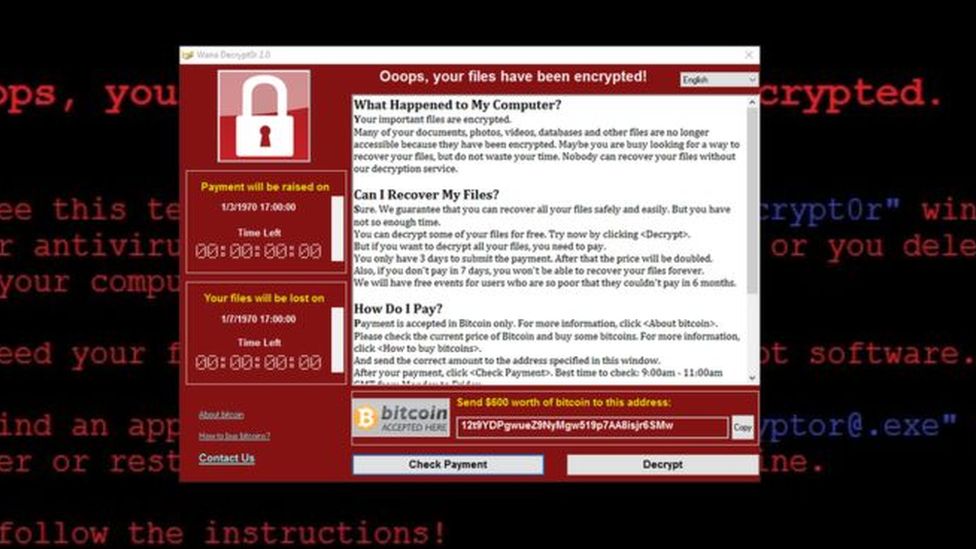 The ransomware has been identified as WannaCry - here shown in a safe environment on a security researcher's computer