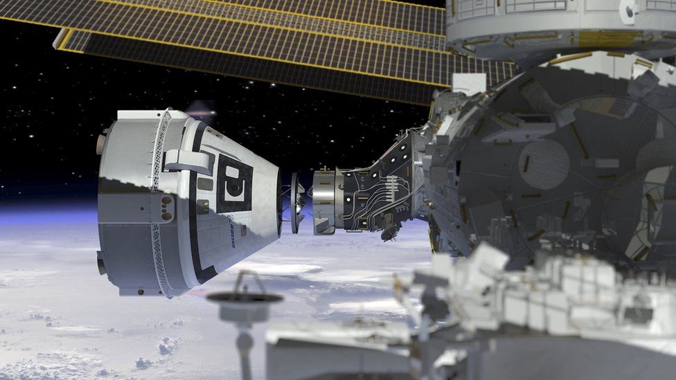 Artwork of Starliner docking with the International Space Station
