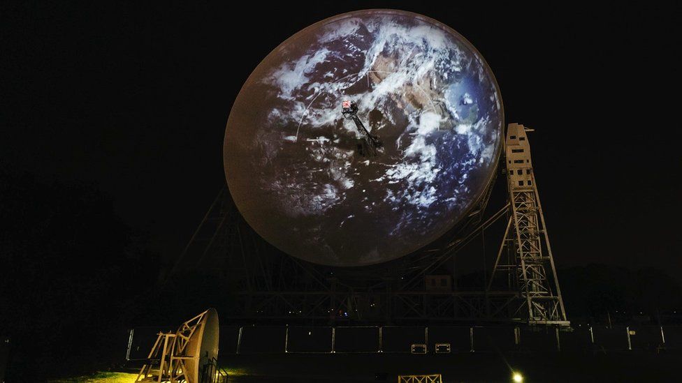 An image of the Earth projected onto the Lovell radio telescope at Jodrell Bank