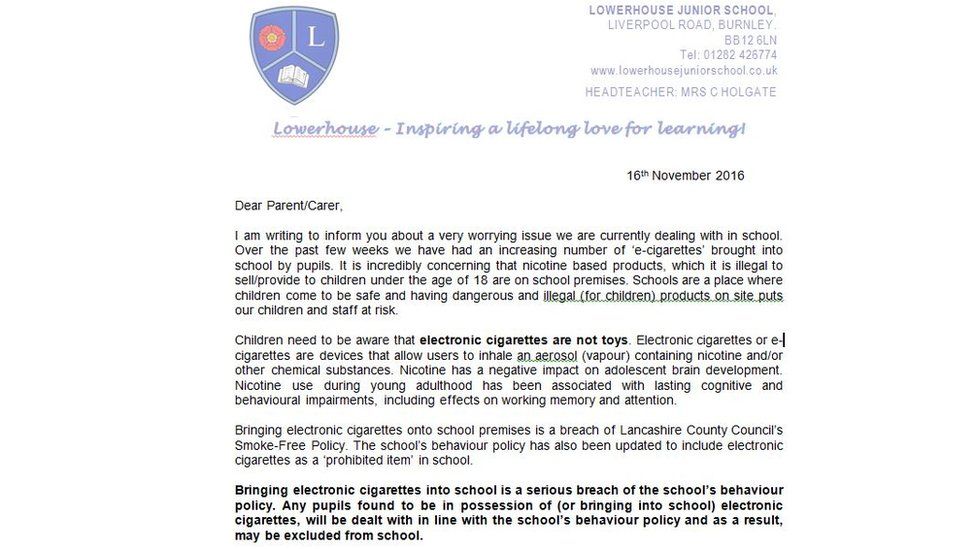 The letter sent to parents of pupils at Lowerhouse Primary School, Burnley