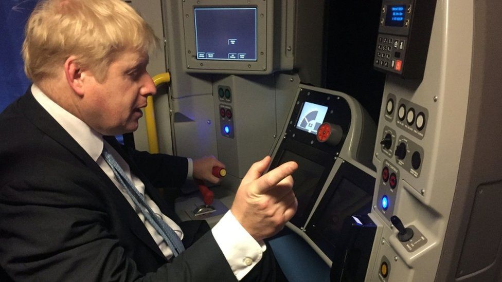 Mayor of London Boris Johnson takes the controls of a Tube simulator