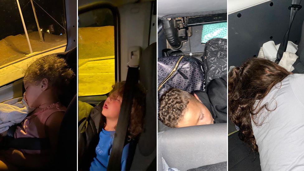 Children sleeping in a van