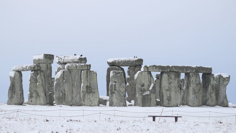 Stonehenge in snowy solitude in Wiltshire