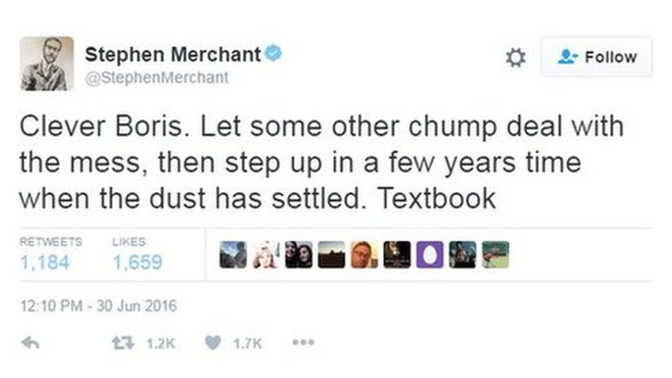Tweet reads: "Clever Boris. Let some other chump deal with the mess, then step up in a few years time when the dust has settled. Textbook"