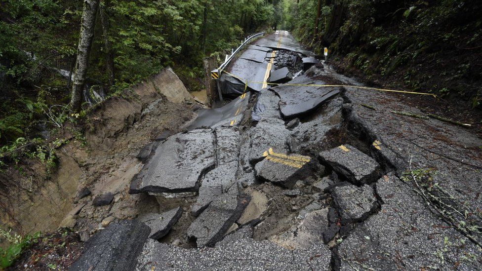 A damaged road in the Santa Cruz mountains