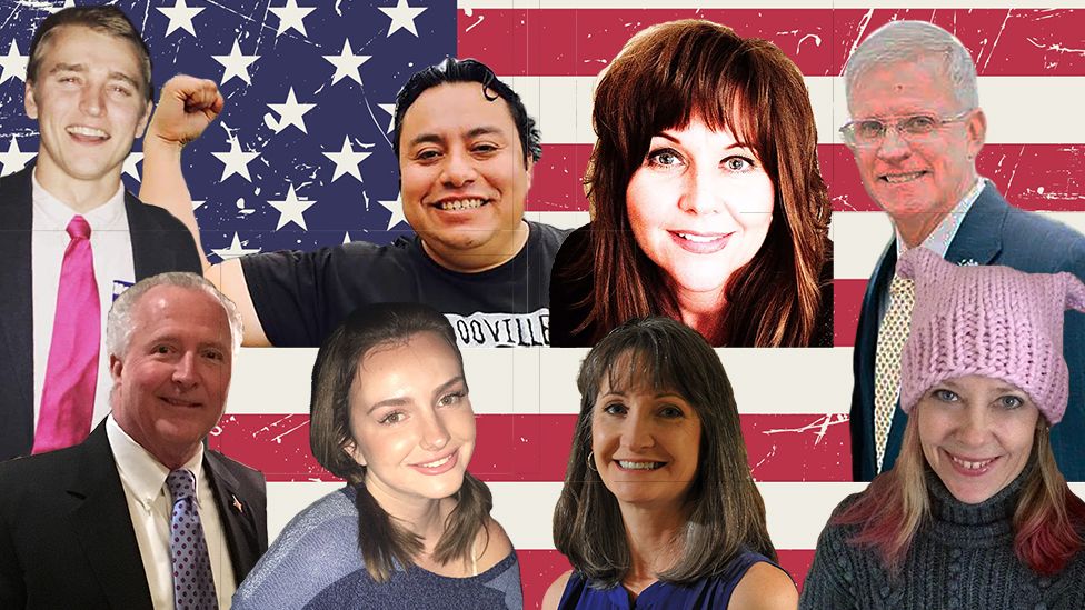 Photos of voter panel superimposed over American flag