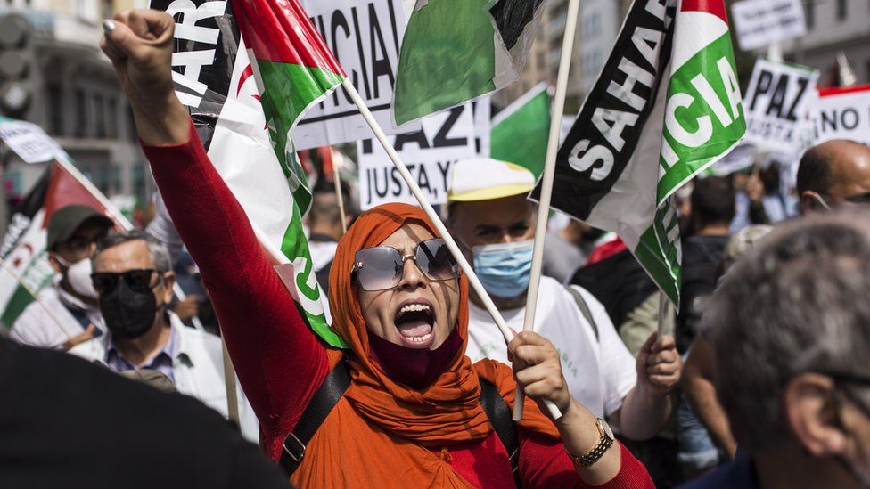 A woman at a protest with arm raised women taking part in a Saharawi freedom march in Madrid, Spain - Friday 18 June 2021