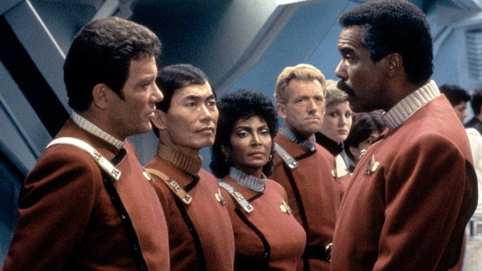 Nichelle Nichols (middle) with her co-stars (L-R) William Shatner, George Takei and Robert Hooks on the set of Star Trek III: The Search for Spock in 1984