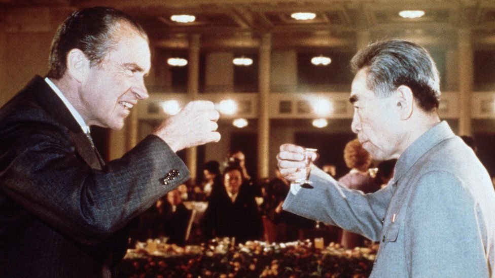 US President Richard Nixon toasts with Chinese Prime Minister Zhou Enlai in February 1972 in Beijing