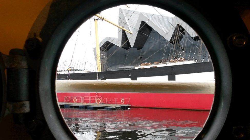 SS Glenlee at the Riverside Museum in Glasgow, through porthole on PS Waverly
