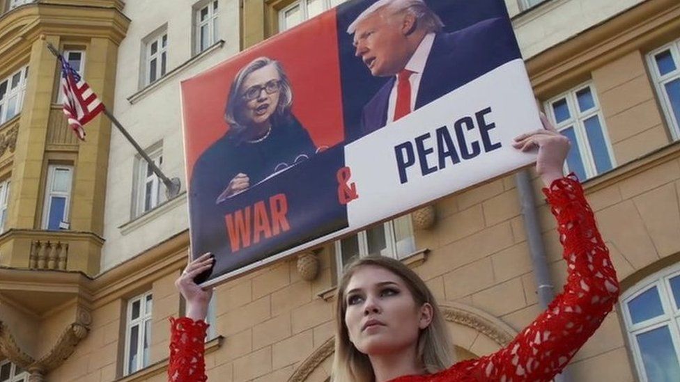 A pro-Putin activist named Maria backs Donald Trump outside the US embassy in Moscow