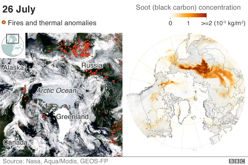 Maps showing soot from the fires travelling across the Arctic