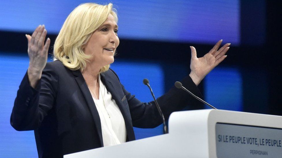 French far-right Rassemblement National (RN) party Member of Parliament and presidential candidate Marine Le Pen speaks during a campaign rally in Perpignan on 7 April