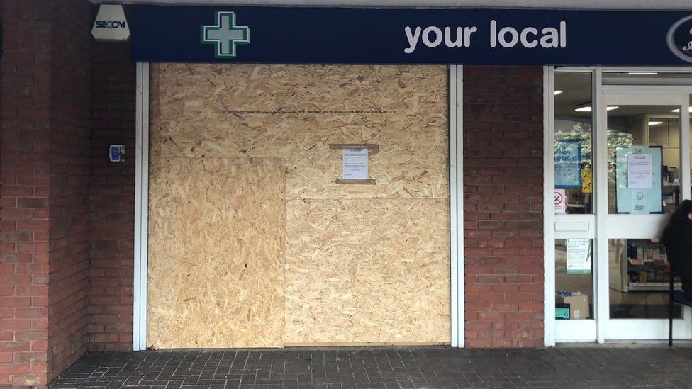 Boarded-up Boots branch in Wimborne Place in Daventry, Northamptonshire