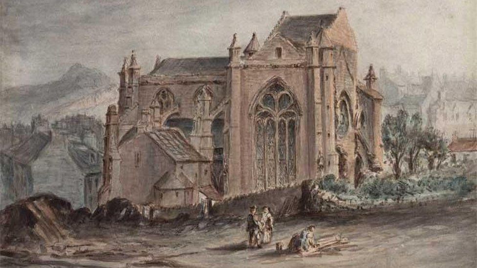 Watercolour from the early 1840s depicting the church from the north side