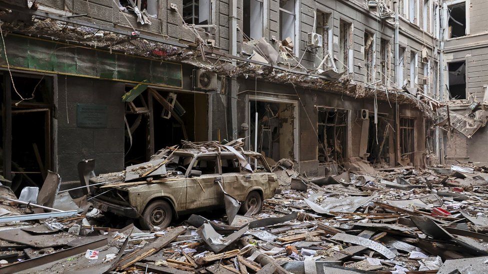 General view of damages after the shelling of buildings in downtown Kharkiv, Ukraine, 03 March 2022.