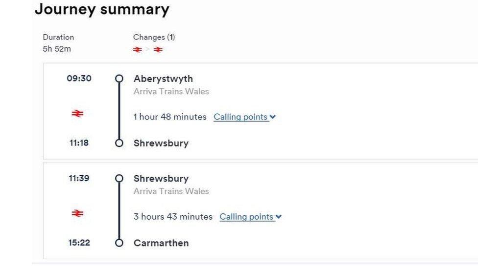 Journey times from Aberystwyth to Carmarthen in 2016