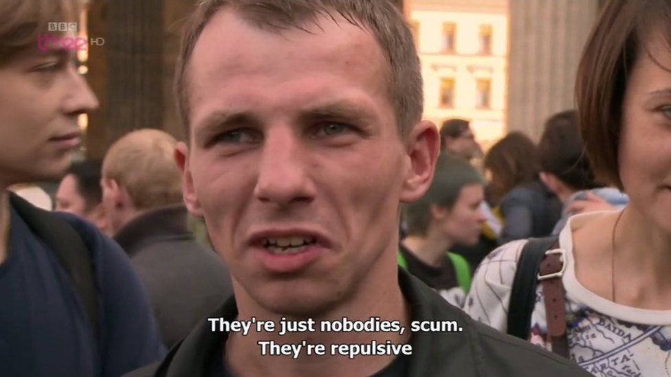 A man tells the BBC 's Extreme Russia programme of his opinion of homosexuals