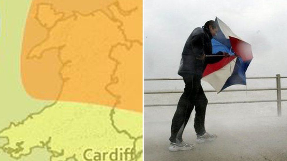 A map showing the weather covered by the weather warnings and a man with an umbrella being blown by strong winds