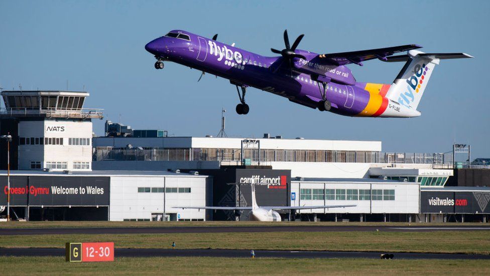 A Flybe plane taking off or landing at Cardiff Airport