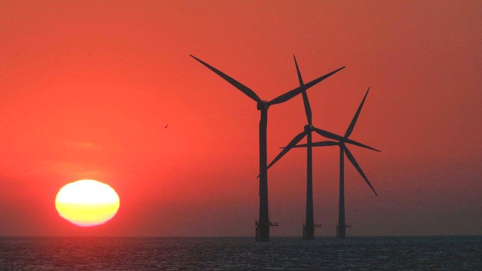 Offshore wind turbines dramatic red sunset