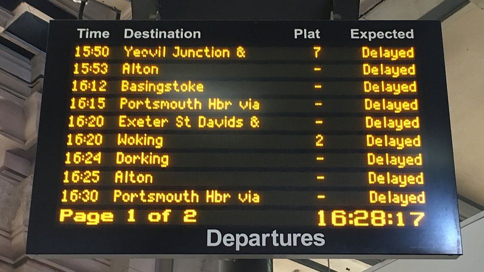 A departure board at Waterloo station showed the disruption caused by the hot weather